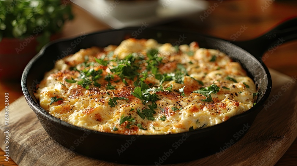 Scrambled eggs in a cast iron pan on a wooden surface. Scrambled eggs in a cast iron pan on a wooden surface.