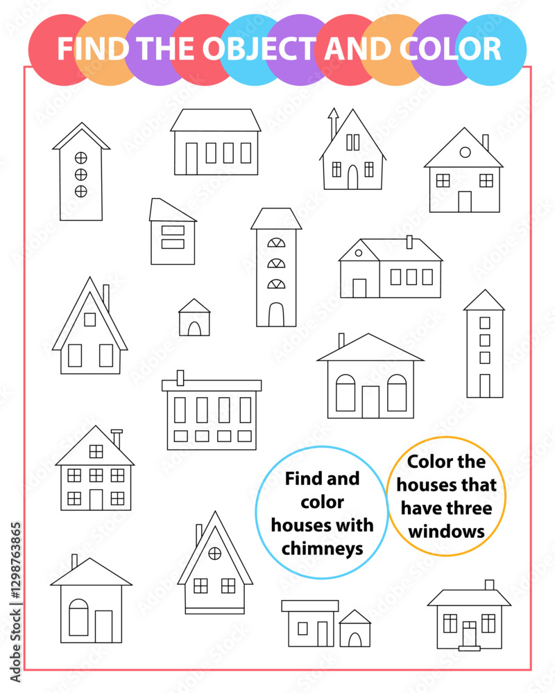 Fototapeta premium Find the object and color. Coloring page. Houses