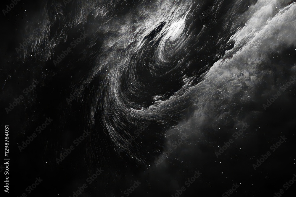 Fototapeta premium a surreal black void with dynamic white noise patterns swirling like cosmic dust, creating hypnotic abstract textures with grainy film quality and subtle gradients of gray
