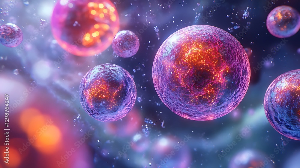 Fototapeta premium Vibrant Glowing Cells in Microscopic View, A vibrant digital illustration of glowing cells in a microscopic view