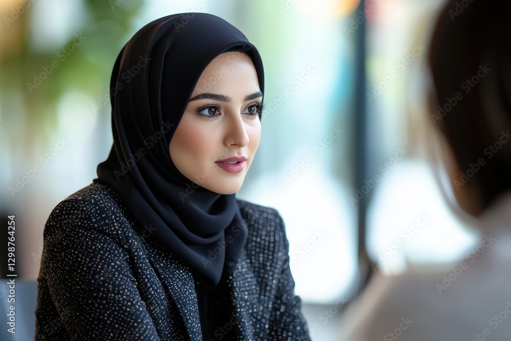 With a composed expression, a sophisticated woman in a hijab gestures while engaging in high-level negotiations, surrounded by executives in a contemporary boardroom. With a composed expression, a sophisticated woman in a hijab gestures while engaging in high-level negotiations, surrounded by executives in a contemporary boardroom.