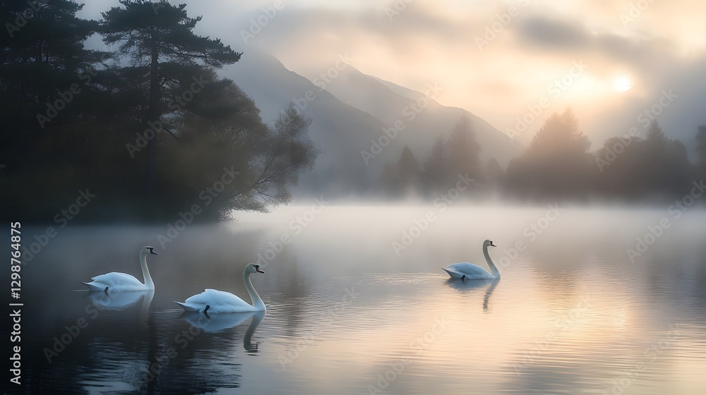 Fototapeta premium Serene Swans Gliding Effortlessly in a Misty Tranquil Scene