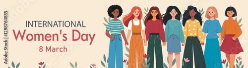  International Women's Day. March 8. Vector banner. Many beautiful free women of different skin colors and cultures stand together and hold hands. Feminism. Gender equality, women empowerment