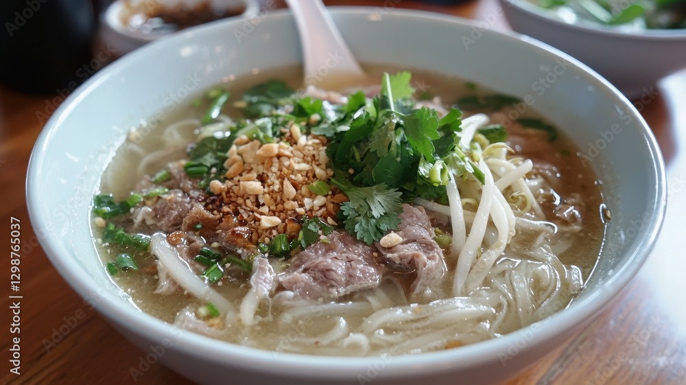 delicious bowl of Thai noodle soup with herbs and peanuts, inviting and warm delicious bowl of Thai noodle soup with herbs and peanuts, inviting and warm