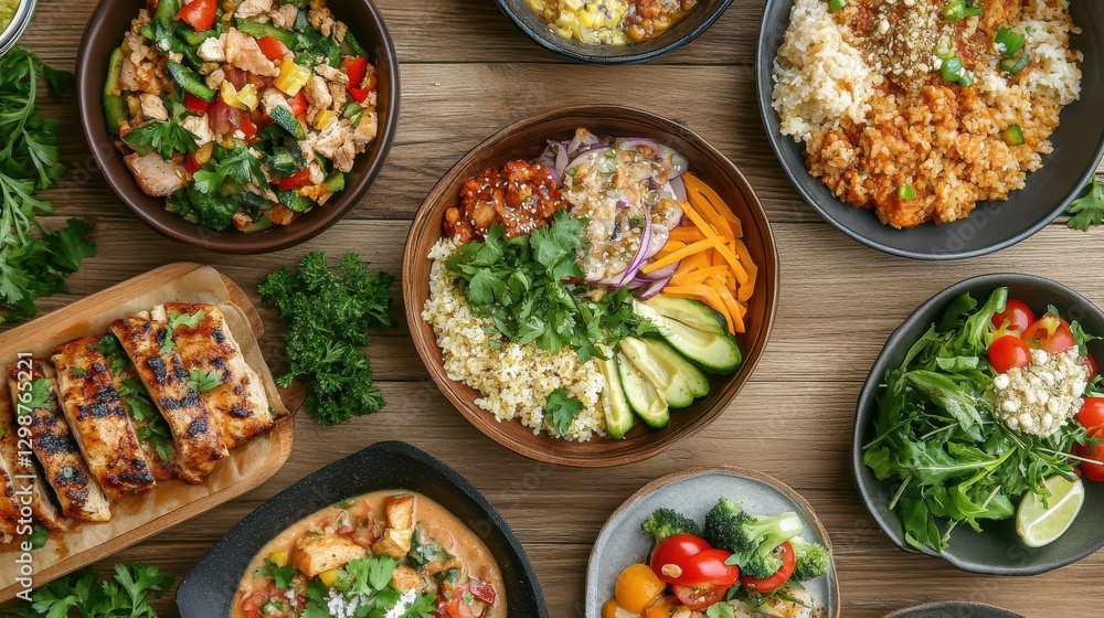 Colorful Healthy Meal Spread on Rustic Table Colorful Healthy Meal Spread on Rustic Table