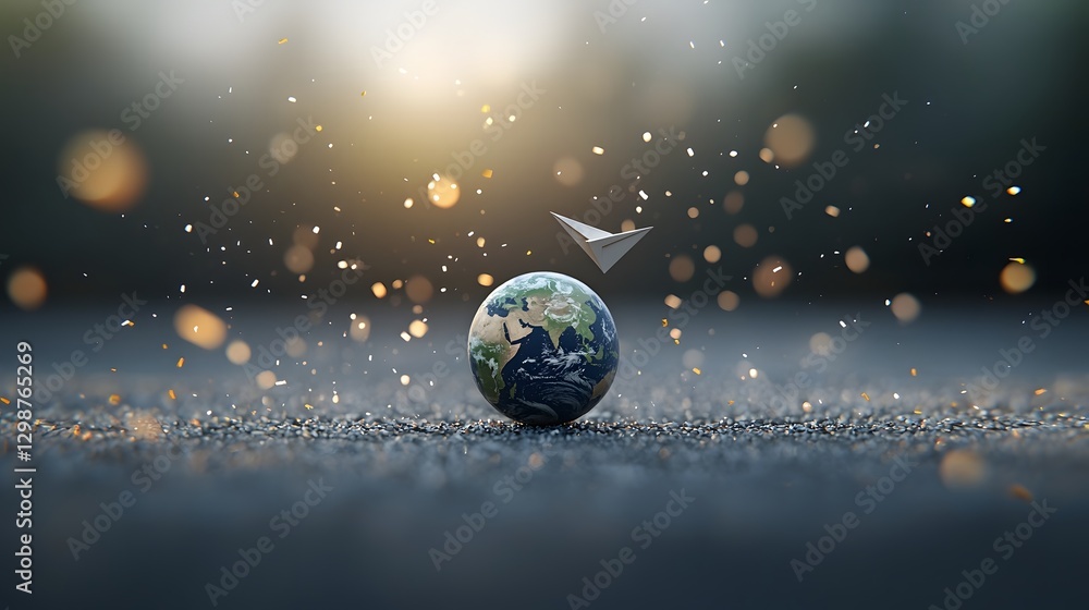 A visionary celestial landscape featuring planet Earth floating in a cosmic ocean of light A delicate paper airplane gracefully moves through the stardust filled sky A visionary celestial landscape featuring planet Earth floating in a cosmic ocean of light A delicate paper airplane gracefully moves through the stardust filled sky