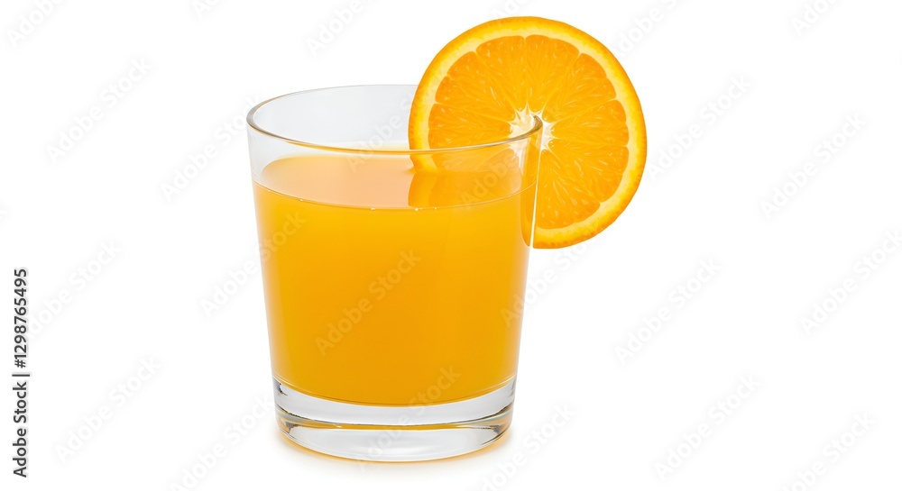 A transparent glass filled with fresh orange juice, with a slice of orange on the rim, placed on a white background A transparent glass filled with fresh orange juice, with a slice of orange on the rim, placed on a white background