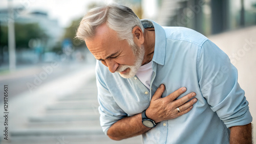 Man having heart attack holds hand over heart area

