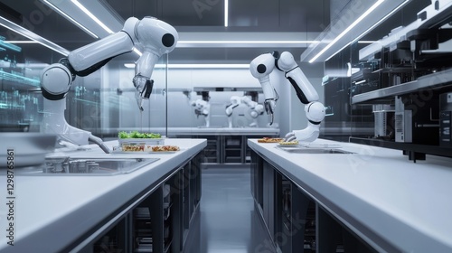 Fototapeta Naklejka Na Ścianę i Meble -  Robots Preparing Food in High-Tech Kitchen Environment