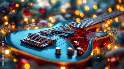 Bass guitar rests on pine garland, lit with holiday lights, red ornaments blurred in festive background