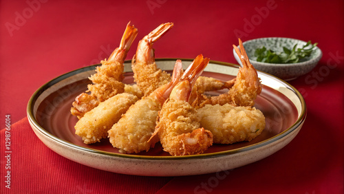 fried shrimp on a plate - red background