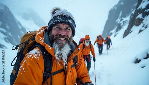 Smiling Mountaineer in Snowy Wilderness – Adventure & Exploration