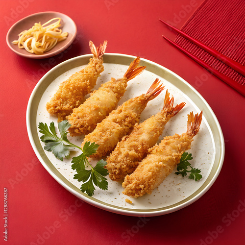 fried shrimp on a plate - red background