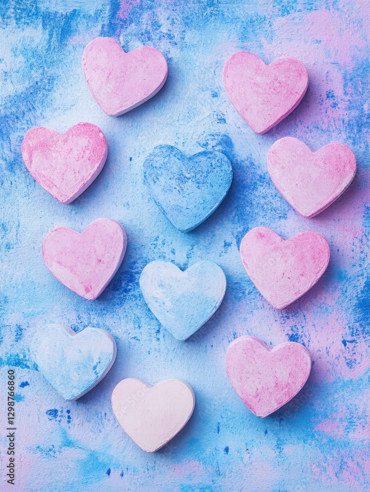 Fototapeta premium Colorful heart shaped bath bombs displayed creatively on a pastel blue background for relaxation and self care. Generative AI