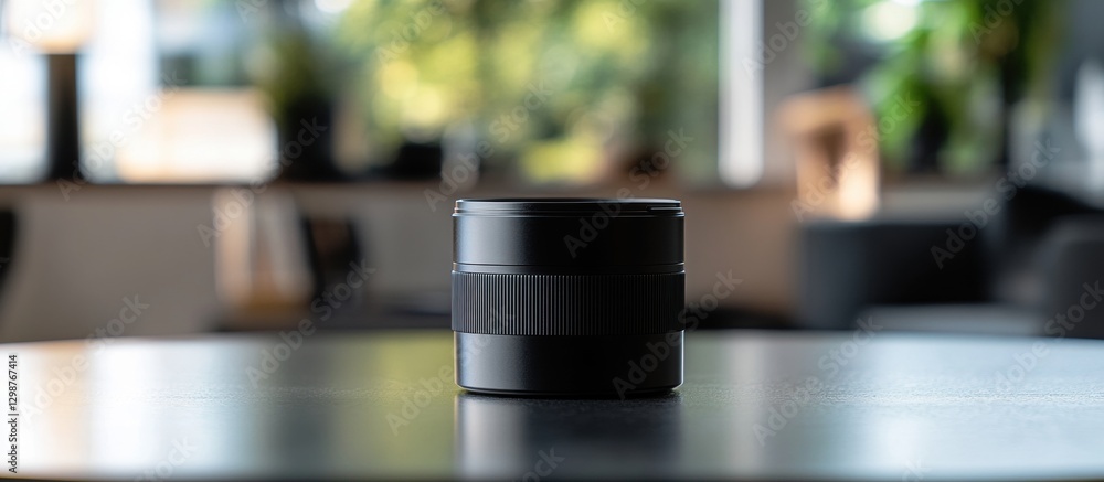 Key Camera Lens on Table with Blurred Studio Background Key Camera Lens on Table with Blurred Studio Background