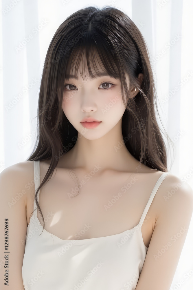 Female Asian Model with Long Hair - Young Beautiful Woman with Wavy Hair - Studio Portrait of Asian Beauty for Fashion, Cosmetic, Skincare - Posing on White Background - Smooth Styled Hair with Bangs Female Asian Model with Long Hair - Young Beautiful Woman with Wavy Hair - Studio Portrait of Asian Beauty for Fashion, Cosmetic, Skincare - Posing on White Background - Smooth Styled Hair with Bangs