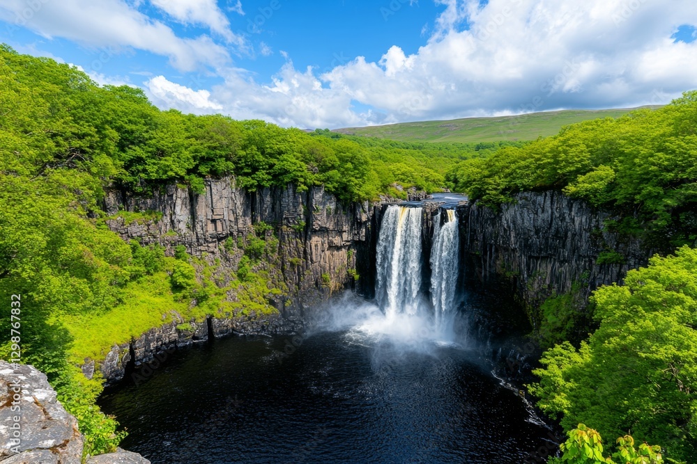 Fototapeta premium A dark, eerie waterfall in a gothic forest, with black water cascading into a mysterious abyss