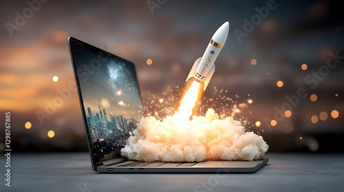 A digital marketing growth concept showcasing a rocket bursting out of a laptop radiating energy and momentum  The professional office background emphasizes speed transformation