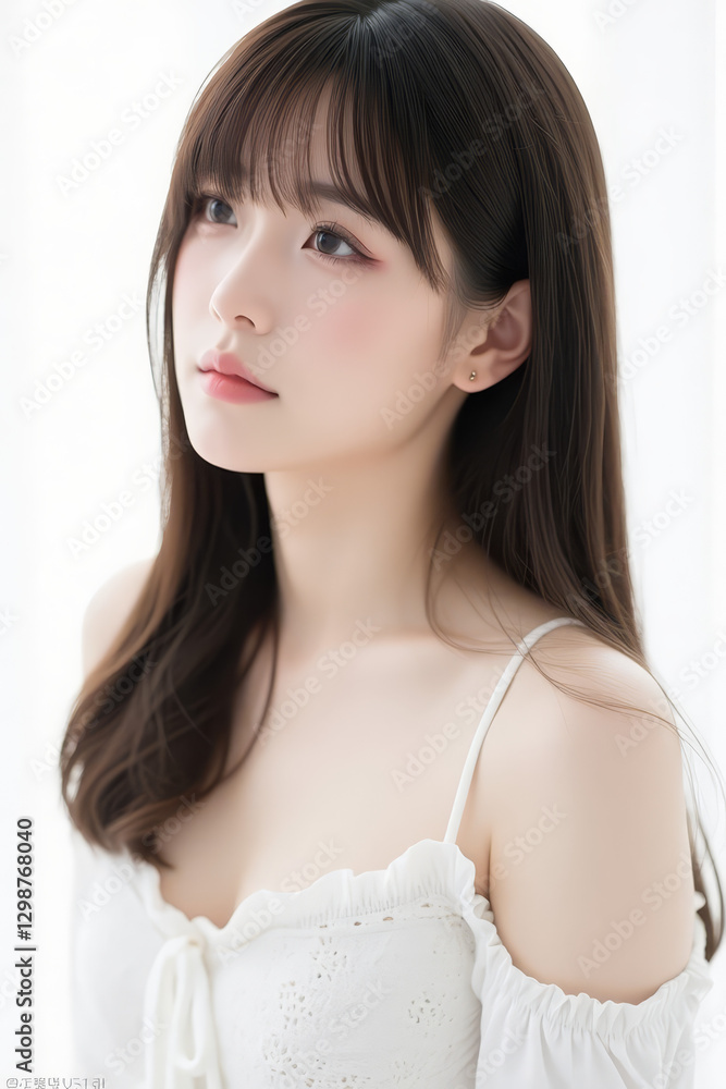Female Asian Model with Long Hair - Young Beautiful Woman with Wavy Hair - Studio Portrait of Asian Beauty for Fashion, Cosmetic, Skincare - Posing on White Background - Smooth Styled Hair with Bangs Female Asian Model with Long Hair - Young Beautiful Woman with Wavy Hair - Studio Portrait of Asian Beauty for Fashion, Cosmetic, Skincare - Posing on White Background - Smooth Styled Hair with Bangs