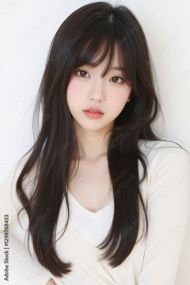 Female Asian Model with Long Hair - Young Beautiful Woman with Wavy Hair - Studio Portrait of Asian Beauty for Fashion, Cosmetic, Skincare - Posing on White Background - Smooth Styled Hair with Bangs Female Asian Model with Long Hair - Young Beautiful Woman with Wavy Hair - Studio Portrait of Asian Beauty for Fashion, Cosmetic, Skincare - Posing on White Background - Smooth Styled Hair with Bangs