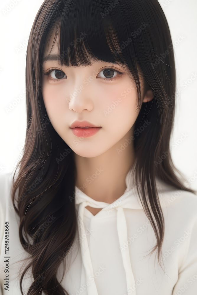 Female Asian Model with Long Hair - Young Beautiful Woman with Wavy Hair - Studio Portrait of Asian Beauty for Fashion, Cosmetic, Skincare - Posing on White Background - Smooth Styled Hair with Bangs Female Asian Model with Long Hair - Young Beautiful Woman with Wavy Hair - Studio Portrait of Asian Beauty for Fashion, Cosmetic, Skincare - Posing on White Background - Smooth Styled Hair with Bangs