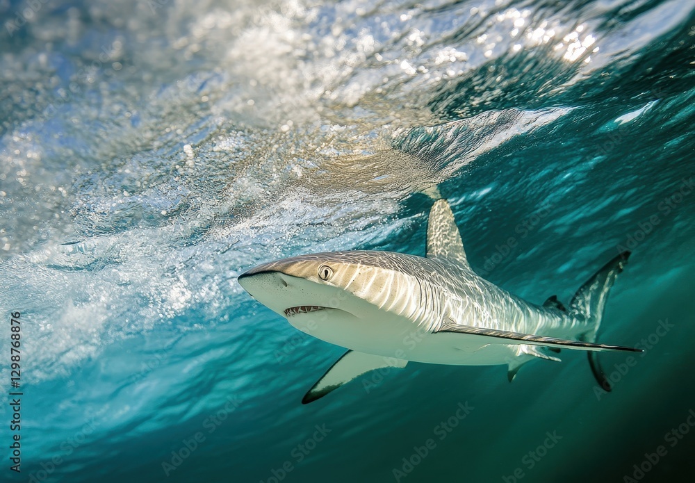 Fototapeta premium Pristine Underwater Scene Featuring a Shark Swimming Gracefully Beneath the Surface of Clear Ocean Water with Sunlight Reflections