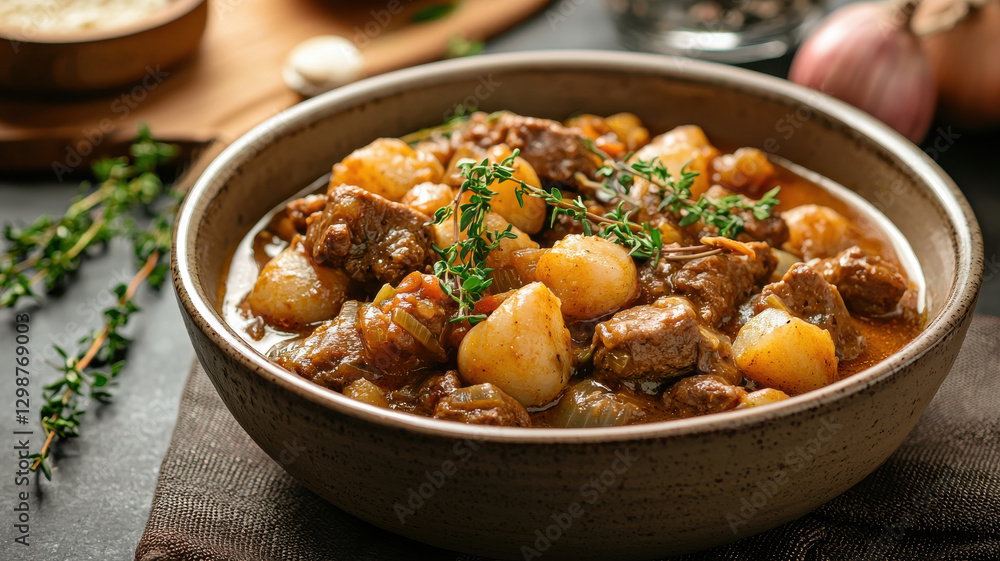 Delicious massaman curry with tender beef and potatoes, garnished with herbs Delicious massaman curry with tender beef and potatoes, garnished with herbs