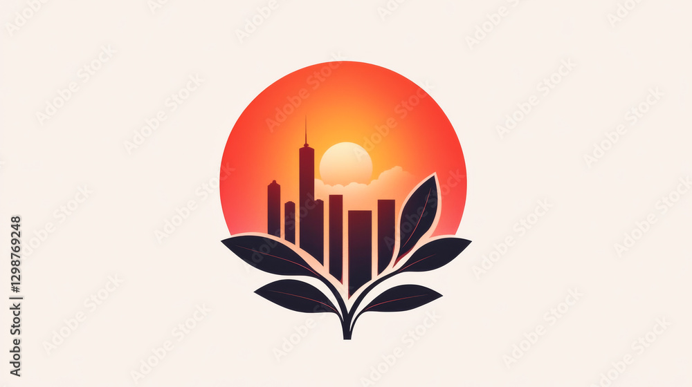Modern city skyline silhouette with a sunrise and green leaves for eco-friendly themes. Modern city skyline silhouette with a sunrise and green leaves for eco-friendly themes.