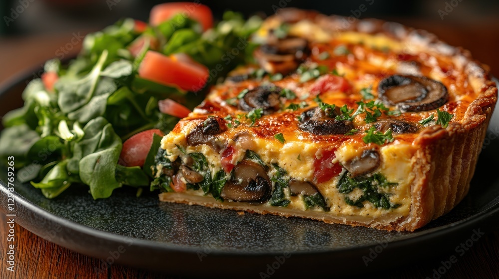 Quiche slice with salad on plate. Rustic wooden table background, showcasing a delicious, savory meal Quiche slice with salad on plate. Rustic wooden table background, showcasing a delicious, savory meal