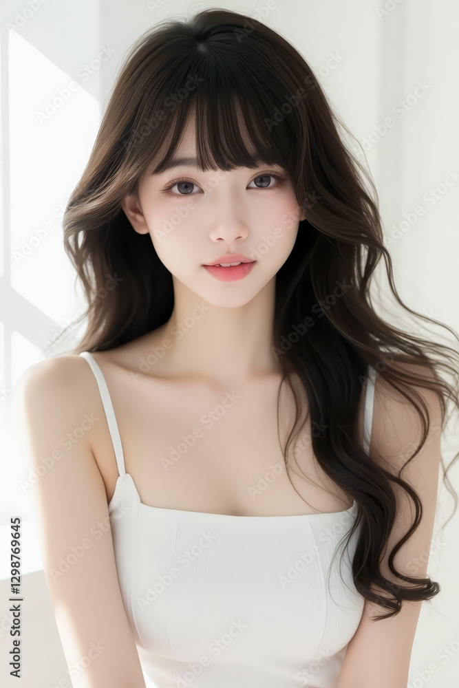Female Asian Model with Long Hair - Young Beautiful Woman with Wavy Hair - Studio Portrait of Asian Beauty for Fashion, Cosmetic, Skincare - Posing on White Background - Smooth Styled Hair with Bangs Female Asian Model with Long Hair - Young Beautiful Woman with Wavy Hair - Studio Portrait of Asian Beauty for Fashion, Cosmetic, Skincare - Posing on White Background - Smooth Styled Hair with Bangs