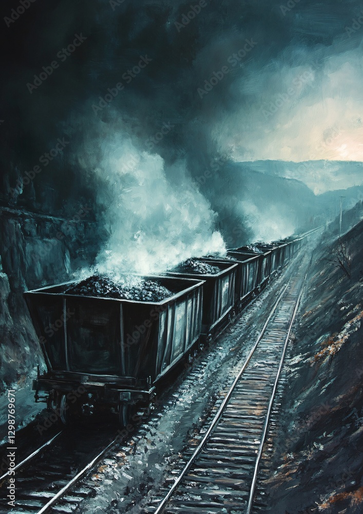 Fototapeta premium Industrial Coal Wagon on Rail Tracks Usage for Freight Transportation and Shipping Purposes