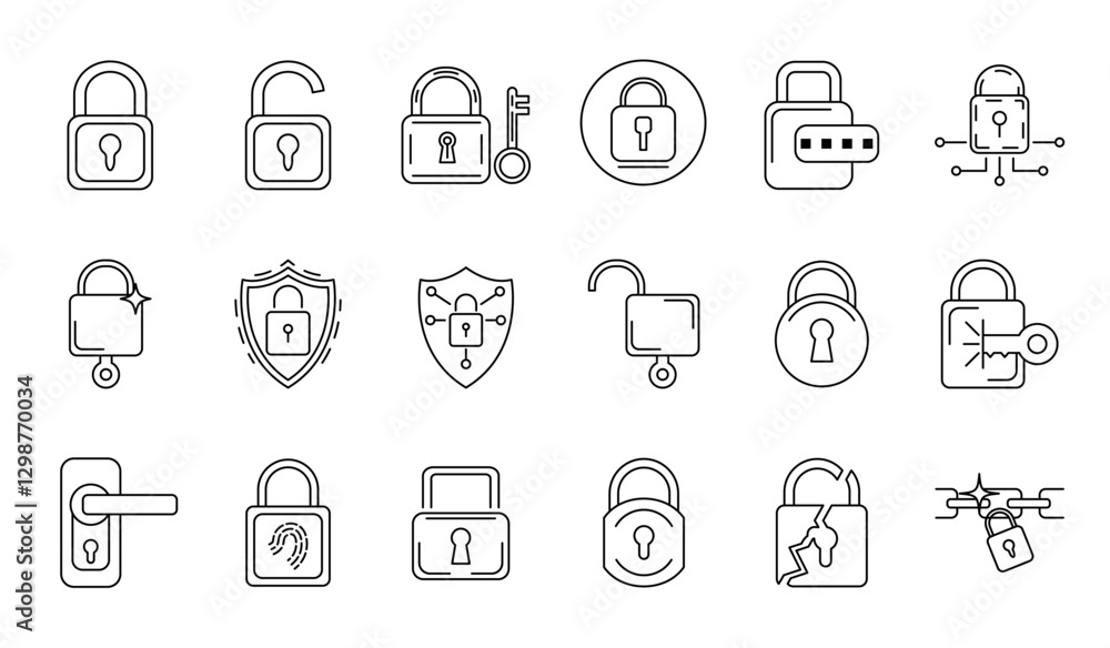 set of padlock icons in a minimalist line style. featuring locked and unlocked padlocks, security shield, key access, fingerprint authentication, digital security, and broken padlock. editable strokes set of padlock icons in a minimalist line style. featuring locked and unlocked padlocks, security shield, key access, fingerprint authentication, digital security, and broken padlock. editable strokes