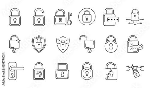 set of padlock icons in a minimalist line style. featuring locked and unlocked padlocks, security shield, key access, fingerprint authentication, digital security, and broken padlock. editable strokes
