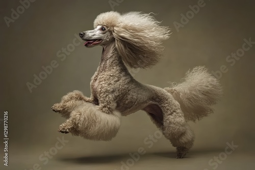 The standard poodle prances gracefully across a calm, neutral background, showcasing its agility and elegance in every step.