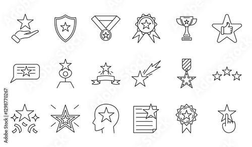 Set of 18 black line icons representing awards, achievements, and recognition. Icons include stars, trophies, medals, certificates, shields, and other symbols of victory, editable strokes