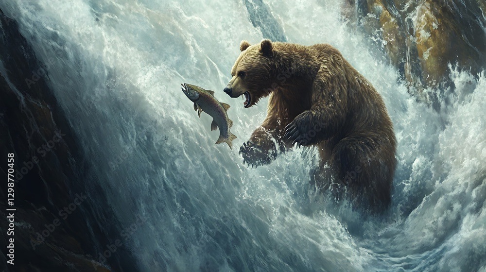 Fototapeta premium Epic Scene of Grizzly Bear Catching Salmon in Majestic Waterfall