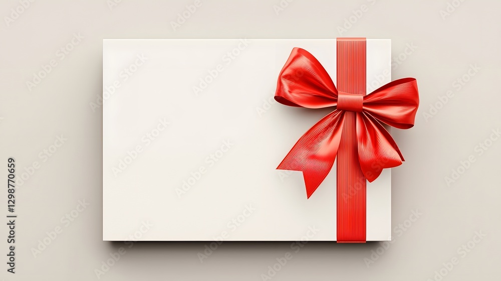 Elegant white gift card wrapped in a silky red ribbon tied into a perfect bow resting on a soft gray background with subtle shadows The minimalist design emphasizes sophistication and simplicity Elegant white gift card wrapped in a silky red ribbon tied into a perfect bow resting on a soft gray background with subtle shadows The minimalist design emphasizes sophistication and simplicity