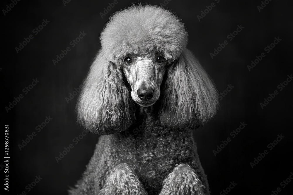 A standard poodle sits with a curious, playful gaze in a contemporary indoor space, set against a calming blue backdrop. A standard poodle sits with a curious, playful gaze in a contemporary indoor space, set against a calming blue backdrop.