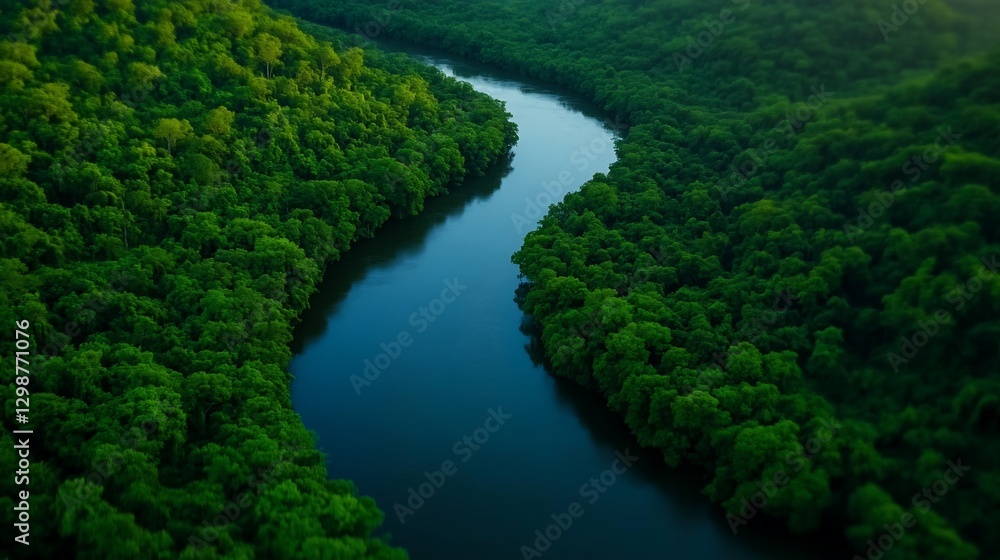 Aerial view of river flowing through lush green forest Aerial view of river flowing through lush green forest
