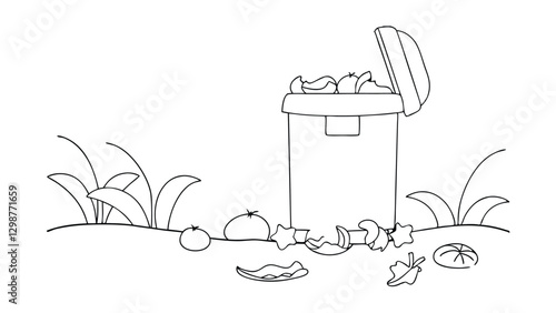 Line drawing of an overflowing compost bin outdoors. Food scraps like tomatoes and peppers spill onto the ground near grass. Illustrates organic waste disposal.