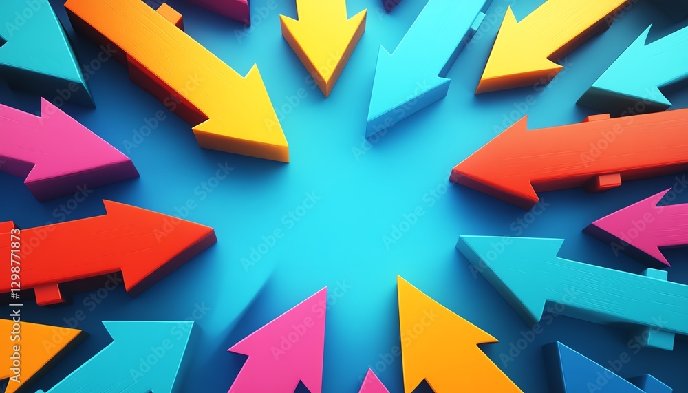 Dynamic illustration of vibrant arrows converging at the center, representing business expansion, strategic growth, and combining resources for success Dynamic illustration of vibrant arrows converging at the center, representing business expansion, strategic growth, and combining resources for success