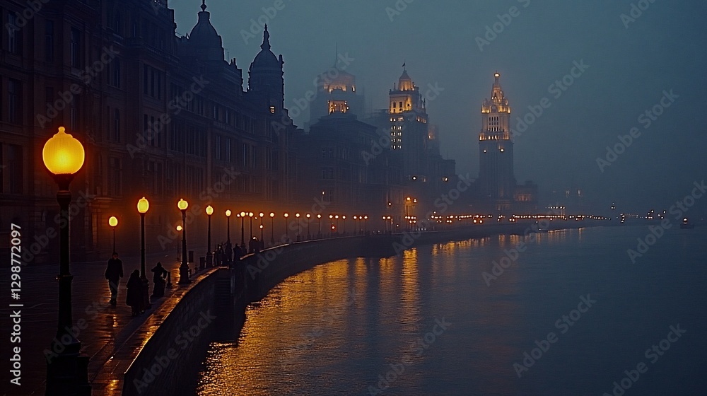 Fototapeta premium Foggy Night Stroll Along Shanghai Riverfront