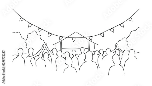 Line drawing of a lively outdoor festival. A large crowd gathers around a simple stage, decorated with bunting. Trees and a celebratory atmosphere are depicted.