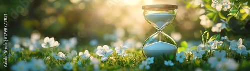 Highquality 3D render of an hourglass sitting on fresh green grass, surrounded by delicate spring blossoms, representing the harmony of time and nature