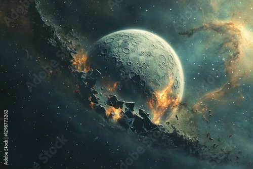 shattered moon orbiting an imposing gas giant, captured on the backdrop of a distant nebula
