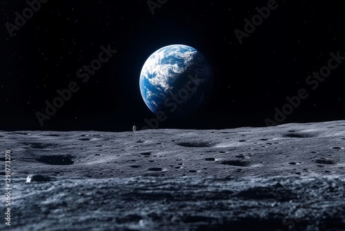 Fototapeta Naklejka Na Ścianę i Meble -  The Moon with astronauts on the surface, showing the Earth's blue sphere in the backdrop of pure space blackness