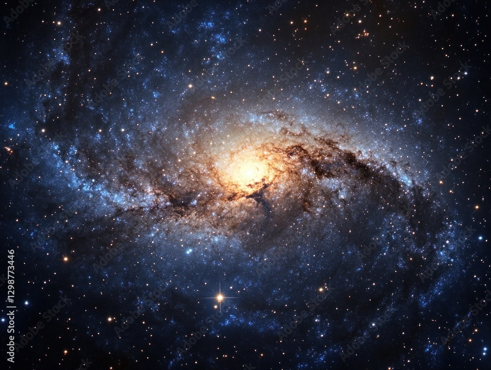Fototapeta premium A spiral galaxy with a bright core and swirling arms filled with blue and white stars and dust