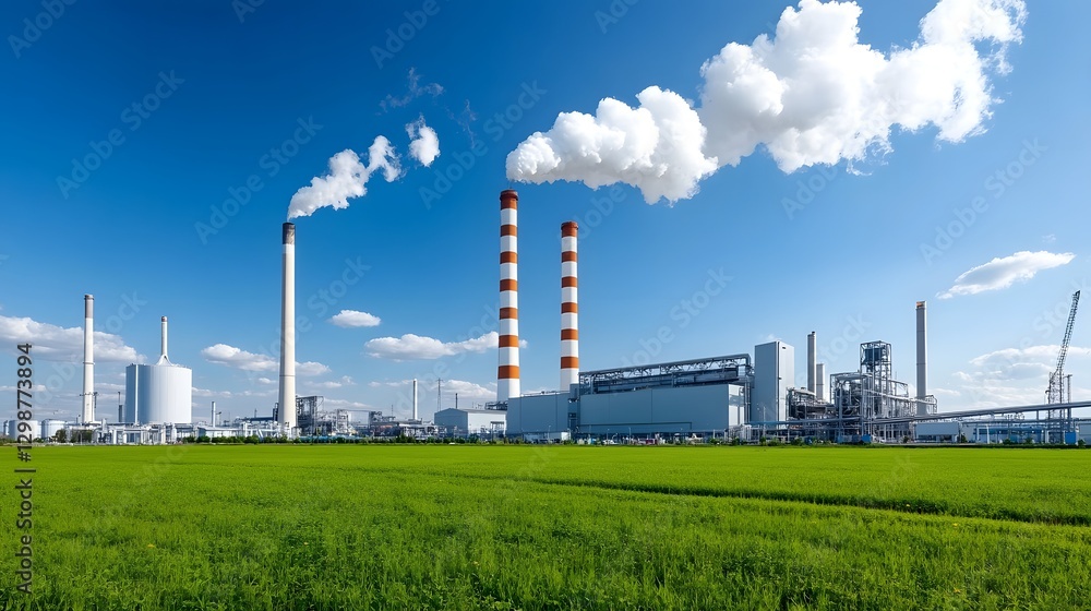 Scenic view of industrial smokestacks releasing steam at a fuel processing plant against a blue sky with clouds Concept of energy production environmental impact and sustainable manufacturing Scenic view of industrial smokestacks releasing steam at a fuel processing plant against a blue sky with clouds Concept of energy production environmental impact and sustainable manufacturing