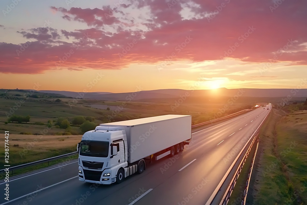 White semi-truck driving on highway at sunset. (1) White semi-truck driving on highway at sunset. (1)