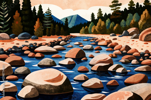 beautiful river in the green natural forest with trees and stones